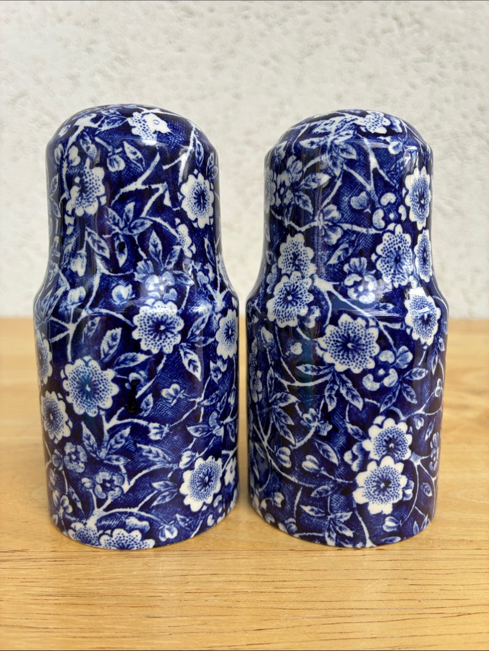 Royal Crownford Staffordshire Calico cobalt blue floral salt n pepper shakers